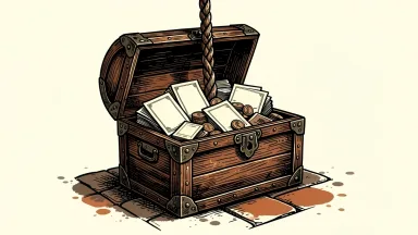Viking Therapeutics raises capital: an iron-banded chest overflowing with stock certificates is hoisted upward by a heavy rope.