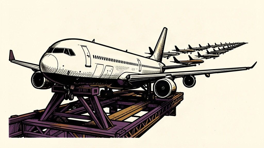 A large jet fuselage on an assembly line with a long row of identical planes following behind it.