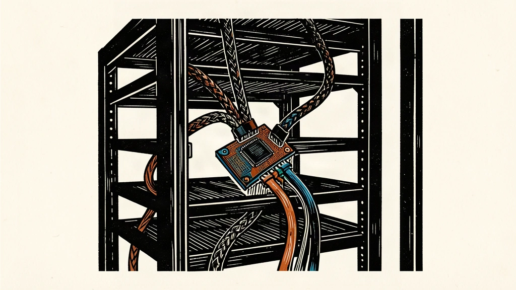 An editorial illustration showing a custom AI chip being integrated into a large server rack using thick, braided cables.