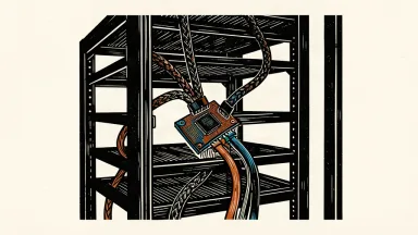 An editorial illustration showing a custom AI chip being integrated into a large server rack using thick, braided cables.