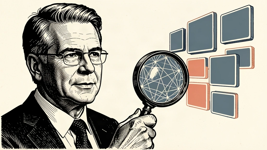 An editorial illustration of Scott Bessent examining a series of floating geometric tiles with a magnifying glass. Identity photo references adapted into illustration: United States Department of the Treasury (Public domain; https://commons.wikimedia.org/wiki/File:Official_portrait_of_Treasury_Secretary_Scott_Bessent.jpg); source https://commons.wikimedia.org/wiki/File:Official_portrait_of_Treasury_Secretary_Scott_Bessent.jpg