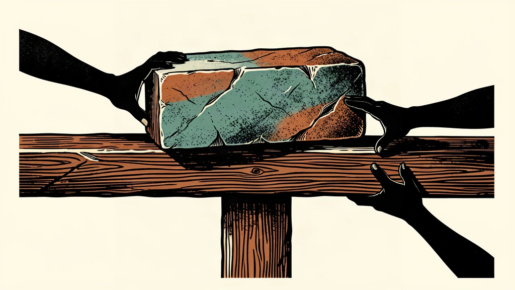 An editorial illustration showing a heavy stone block being held back by two hands on a wooden beam, symbolizing caution in monetary policy.