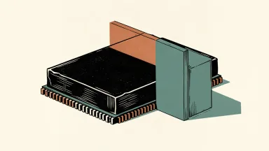 A large black processor chip is blocked from merging with a smaller chip by a solid vertical barrier.