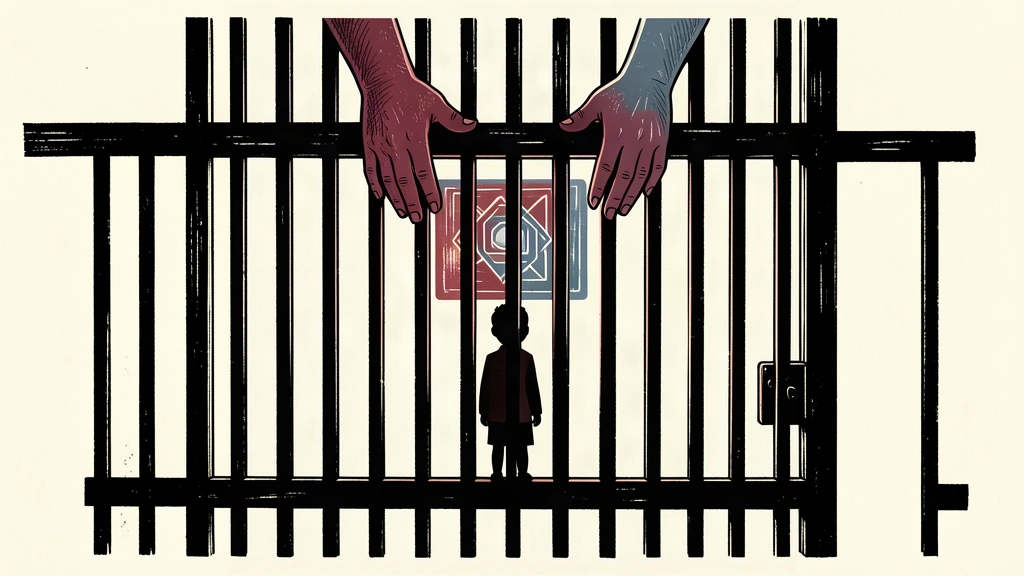 A stylized editorial illustration showing a child's silhouette behind a gate that is held by large adult hands, representing new EU age restrictions.