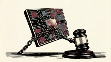Alphabet facing a securities fraud lawsuit over Gemini delays: an AI interface tile is restrained by a heavy chain attached to a legal gavel.