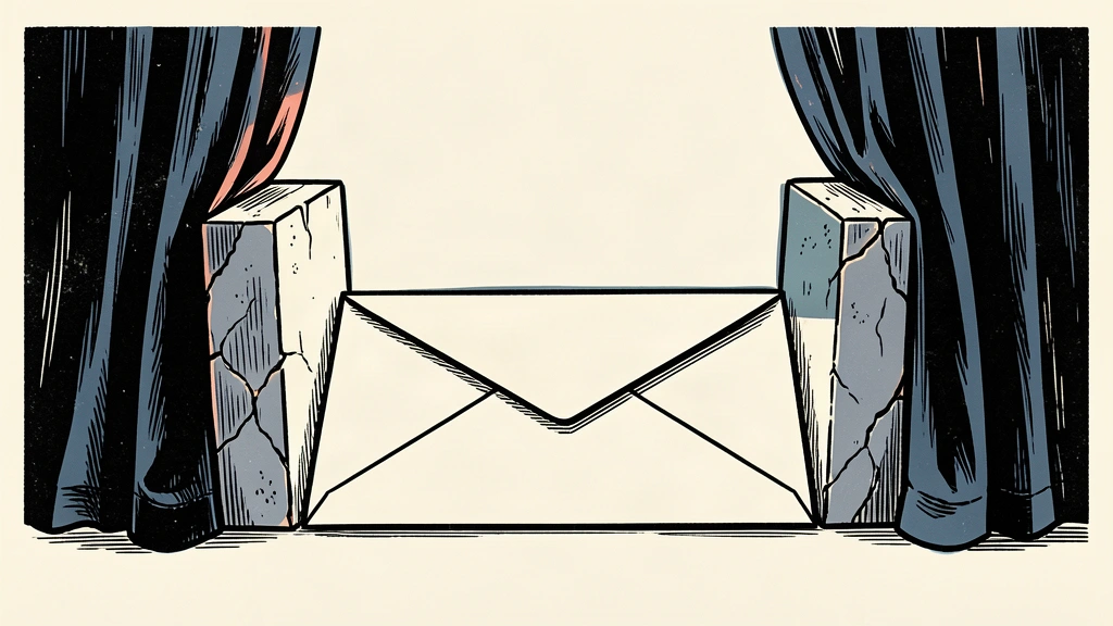An editorial illustration showing a mail-in ballot envelope protected by two massive stone blocks that stop a curtain from closing over it.