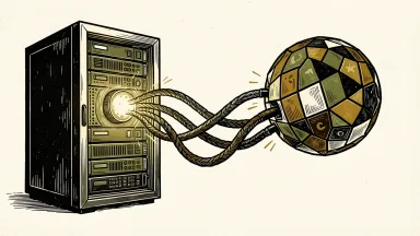 DigitalOcean and Bright Data partnership: a server rack connected by braided cables to a floating sphere of data tiles.