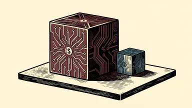 IBM advances in DARPA quantum benchmarking; a large quantum computer cube stands beside a smaller competitor cube.