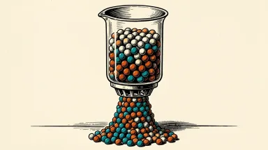 Veeva Systems clinical data processing: a large container of raw data spheres being filtered through a precision aperture into a clean, orderly column.