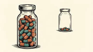 An editorial illustration showing a full medicine vial in the foreground and a nearly empty one in the far distance, representing the gap between current assets and distant targets.
