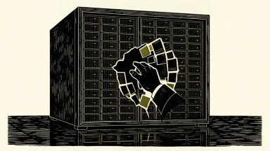A conceptual illustration of a large server rack with a massive section of its surface being pulled away by a silhouetted hand, representing a significant divestment.