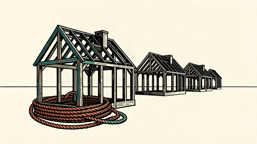 An editorial illustration showing a row of skeletal house frames with a heavy rope anchoring one to the ground, representing the weight of high mortgage rates on homebuilder confidence.
