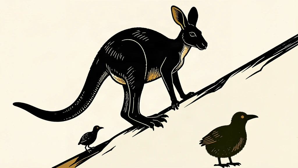 A large kangaroo silhouette stands high above a small kiwi bird on a steep diagonal slope.