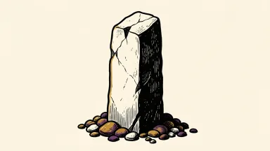The Nasdaq 100 is represented by a stone pillar that has cracked and tilted, with fallen pebbles at its base.