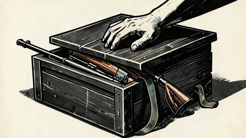 A conceptual editorial illustration of a seized weapons shipment, showing a large hand pinning down a crate overflowing with rifle silhouettes.