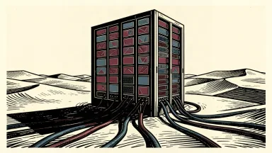 A large server rack stands in a desert, connected by cables buried in the sand.