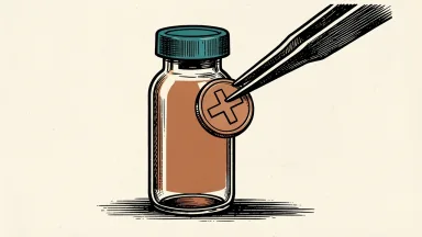 Novo Nordisk share buyback: a pharmaceutical vial being replenished with a medical token using large tweezers.