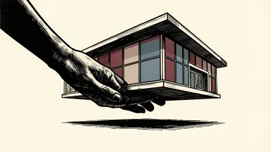 National Healthcare Properties selling medical facilities: a large hand lifts a modern outpatient clinic building away from its foundation.