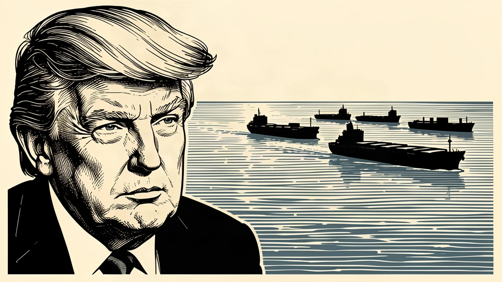 A portrait of Donald Trump looking toward a calm sea where cargo ships sail peacefully. Identity photo references adapted into illustration: Daniel Torok (Public domain; https://commons.wikimedia.org/wiki/File:Official_Presidential_Portrait_of_President_Donald_J._Trump_(2025).jpg); source https://commons.wikimedia.org/wiki/File:Official_Presidential_Portrait_of_President_Donald_J._Trump_(2025).jpg