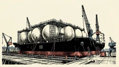 Golar LNG acquires a carrier for FLNG conversion: a large tanker with spherical tanks sits within a dry dock surrounded by industrial cranes.