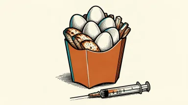 A fast-food fry carton filled with eggs and grilled chicken next to a weight-loss medication syringe.