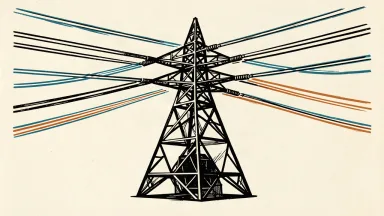 CenterPoint Energy grid stabilization: a transmission tower with power lines pulled into a steady, straight alignment by a central stabilizing unit.