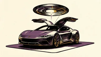 Tesla Roadster with a hovering flying disc above it, representing Robotaxi and tech showcase.