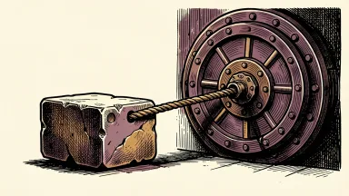 DeFi Development board authorizes a stock repurchase: a heavy stone block representing a share is pulled back into a massive open vault by a thick cable.