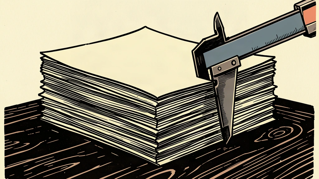 A thick stack of budget documents being measured and compressed by a large pair of metal calipers.