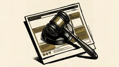 Doximity facing a securities fraud lawsuit: a heavy legal gavel rests across a tilted digital newsfeed tile.