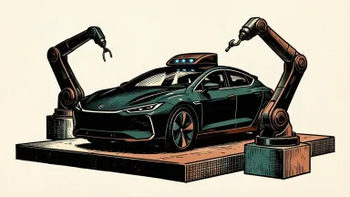 Faraday Future pivoting to robotaxi and robotics: a driverless car with a roof sensor sits next to a detached robotic arm on a separate pedestal.