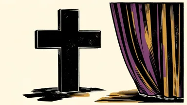 Universal Health Services preparing for earnings: a large medical cross stands behind a partially drawn curtain.