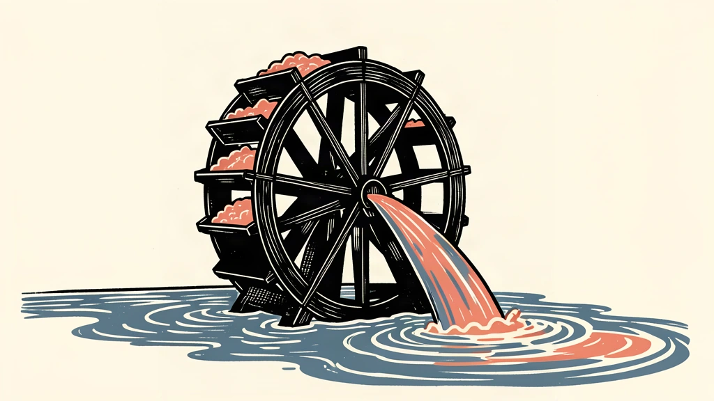 An editorial illustration of a large waterwheel where the water it lifts flows back to power its own rotation, symbolizing a self-sustaining economic cycle.