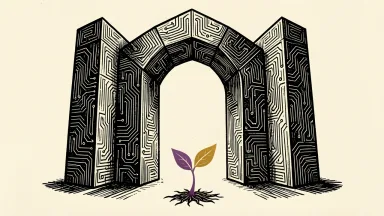CrowdStrike, AWS, and NVIDIA launch a cybersecurity startup accelerator: a small seedling grows within the protection of three massive circuit-patterned pillars.