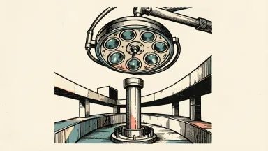 Stryker CEO succession: a large surgical light hangs above a new structural pillar being positioned within a framework.