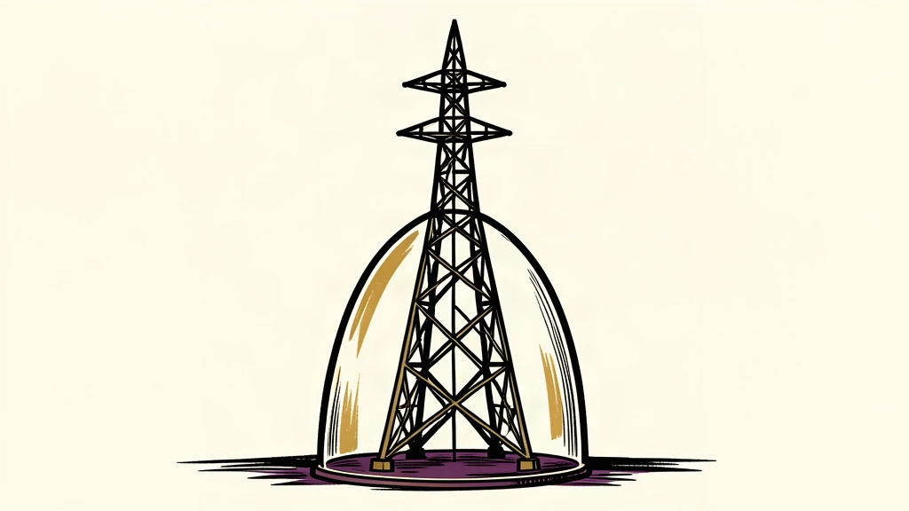 An editorial illustration showing a large power transmission tower safely enclosed within a protective glass dome.
