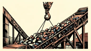 CRH expands in Nordic markets: a heavy industrial conveyor belt carrying hard-rock aggregates toward a large crane hook.