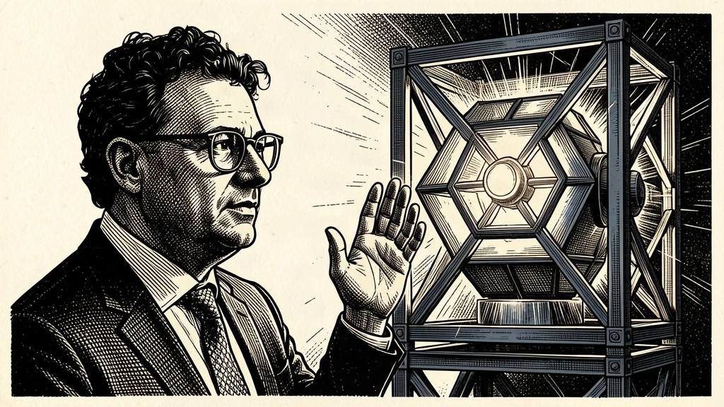 A portrait of Dario Amodei looking with hesitation at a glowing AI core locked inside a corporate industrial structure. Identity photo references adapted into illustration: UK Prime Minister (CC BY 2.0; https://creativecommons.org/licenses/by/2.0); source https://commons.wikimedia.org/wiki/File:Dario_Amodei_in_2023.jpg