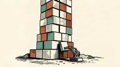 A conceptual illustration showing a massive, incomplete tower of server hardware dwarfing the small machinery trying to build it, representing AI compute demand outstripping supply.