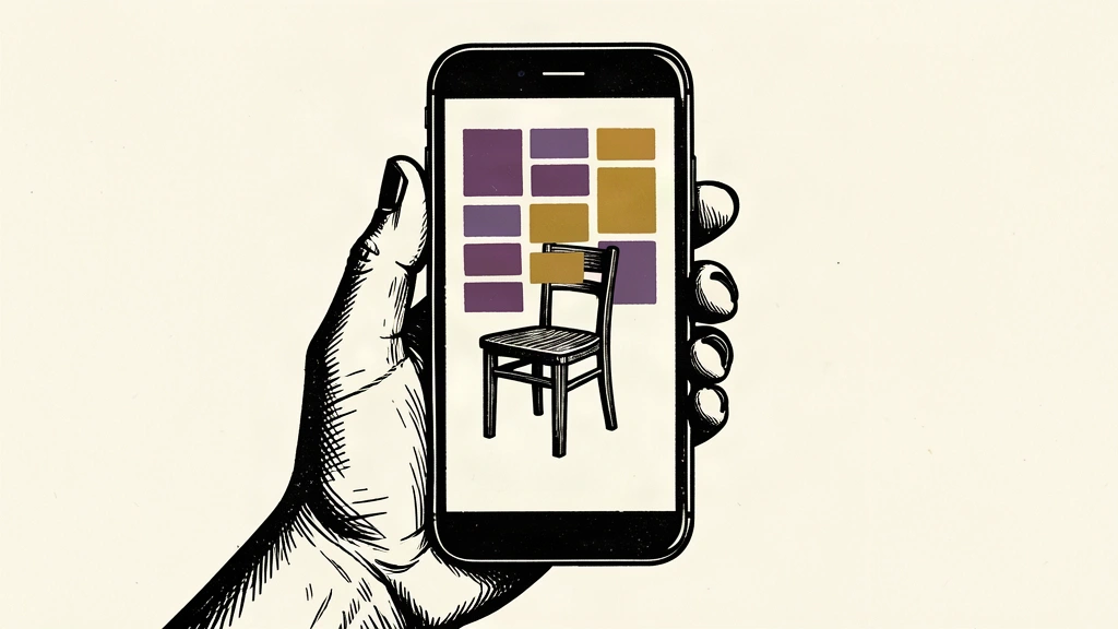 An editorial illustration showing a smartphone camera view of a chair, with a grid of digital tiles representing advertisements floating over the image.