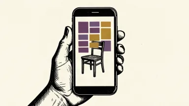 An editorial illustration showing a smartphone camera view of a chair, with a grid of digital tiles representing advertisements floating over the image.