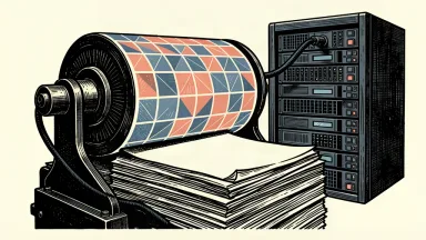 A conceptual illustration showing a digital server-linked roller pressing down on a stack of blank newspapers.