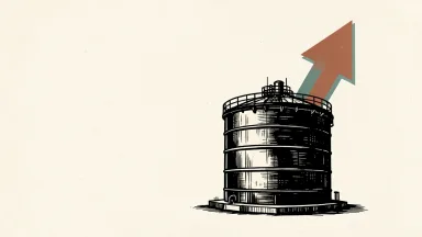Amplitude Energy revenue growth: an industrial oil storage tank with a large upward-pointing arrow rising behind it.