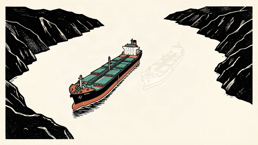 An editorial illustration showing a pair of oil tankers where one is solid and the other is a transparent outline, representing a significant drop in export volume through a narrow strait.