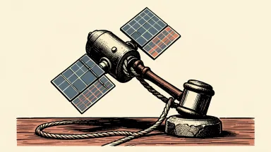 AST SpaceMobile facing a securities fraud class action: a satellite is tethered to a heavy stone gavel.