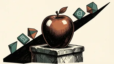 Apple as a defensive stock: a large apple sits on a stable stone pedestal while other geometric shapes slide down a steep slope in the background.