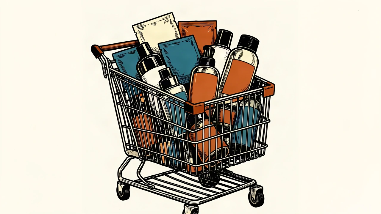 Costco's strong earnings driven by K-beauty: a large shopping cart filled with oversized skincare bottles and face mask packets.