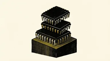 Micron stock potential: a vertical stack of three computer memory chips on a pedestal against a clean background.