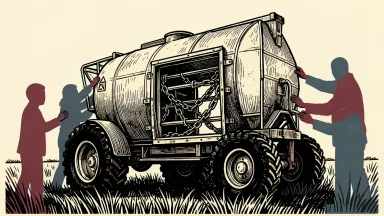Corteva dismantling its pesticide loyalty program: a large industrial sprayer tank being opened to remove a heavy internal chain.