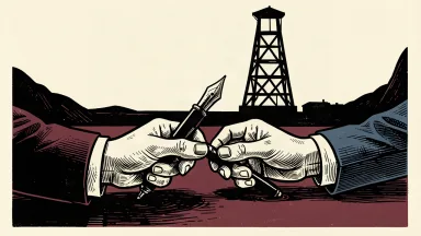 EOG Resources CFO transition: one hand passes a large fountain pen to another hand in front of an oil derrick silhouette.